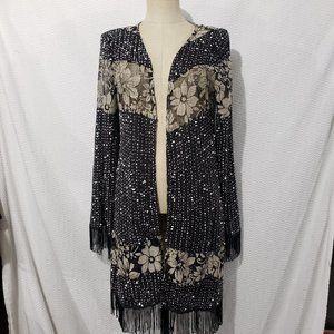New A'reve Black Lace Cardigan  w/ Fringe Open Cardigan L